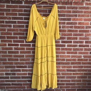 NWOT Anthropologie En Elly Mustard Yellow Maxi Dress Prarie Size Large